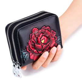 BAKUN - Portatarjetas de piel con diseño de flores, para tarjetas de crédito, de piel o identificación, Azul, Large, Casual