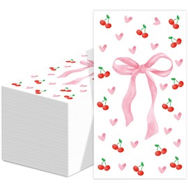 100Pcs Pink Bow Cherry Napkins Bow Cherries Disposable Napkin Coquette Party Decoration Bowknot Heart Cute Bathroom Paper Hand Towels for Bachelorette Bridal Wedding Birthday Party Supplies