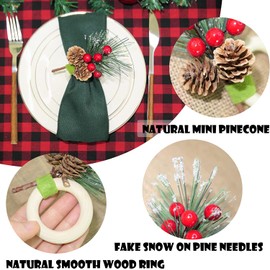 KAHEIGN 8Pcs Christmas Napkin Rings, Wooden Napkin Holders with Pine Cone Red Berry Snowflake Rustic Napkin Buckle for Christmas Lunch Thanksgiving New Year Wedding Party Table Decoration