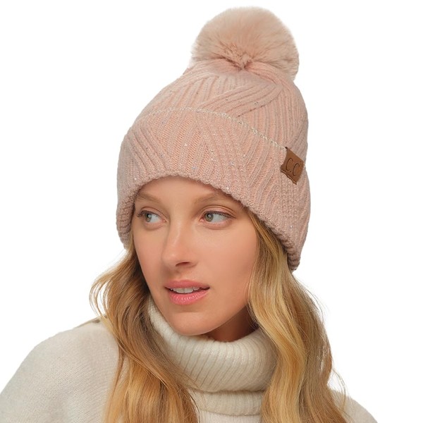 C.C Sequin Pom Beanie for Women - Angora Stretchable Soft