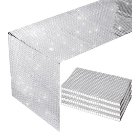 NALVXIN 12" x 72", 4 PCS, Silver Glitter Disco Table Runner, Retro 70s 80s Theme Decor, Silver Sequin, Party Supplies