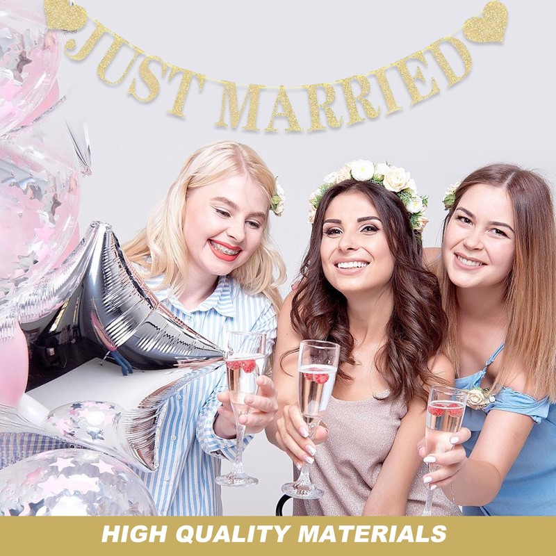 Just Married Banner Decorations Gold, Just Married Bunting Garland Glitter