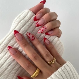 Valentine's Day French Tip Red Press on Nails Short Almond - YIHONGYAN Acrylic Nail Kit Stick on Nails Press ons Nail Tips Glue on Nails Full Cover Cute Heart Fake Nails for Nail Art DIY 24 Pcs