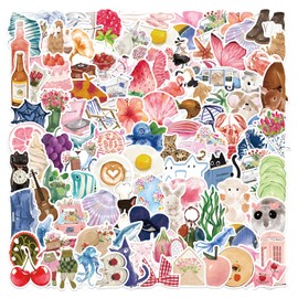 100 Pack Aesthetic Summer Stickers - Waterproof Vinyl Decals for Water Bottle, Laptop, Journal | Cute Cartoon Watercolor Designs | Unique Gift Ideas for Girls, Teens, Adults