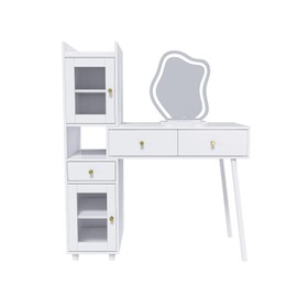 Donext 46" White Multi-Functional Dressing Table with LED Lights, Makeup Vanity Desk with Storage Drawers, Compact Bedroom Vanity Table with Adjustable Mirror