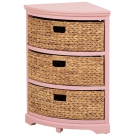eHemco Hampton Meadows 3 Tier X-Side Corner Table Storage Cabinet with 3 Wicker Baskets, Pink