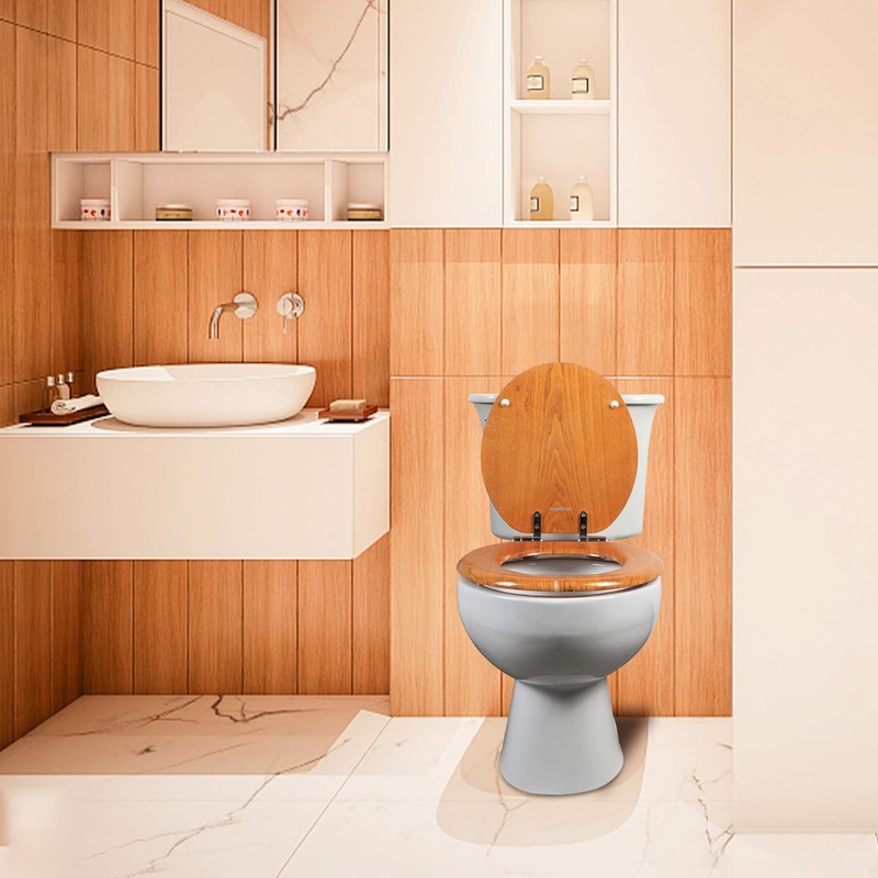 Angel Shield Wood Veneer Natural Toilet Seat with Quiet Close,Easy