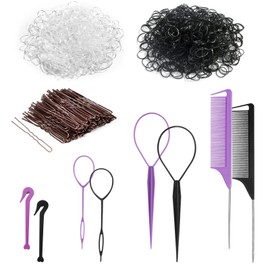 CAABISO Tail Hair Tools, 458pcs Hair Styling Tools with 400 Clear Black Hair Elastics, 50 U Shaped Hair Pins, 2 Rat Tail Combs, 4 French Braiding Tools, 2 Hair Tie Cutters for Girls Women