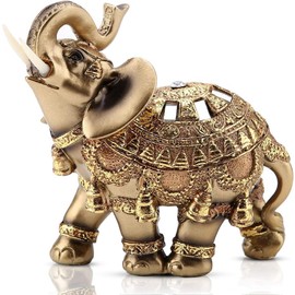 Moncer Elephant Statue, Feng Shui Lucky Elephant Figurine, Golden Elegant Sculpture Wealth Figurine Home Decoration (L) 4.5 x 2.4 x 4.5in