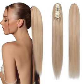 Elailite Real Hair Ponytail Hair Extensions with Clip Remy Straight Human Hair 55 cm #18/613 Ash Blonde and Bleached Blonde