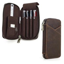 Dom Teporna Artisan Handmade Retro Leather Pencil Case Crazy Horse Leather 4 Pen Case Coffee Color Student Business Stylish Stationery Bag (Coffee, A Series)