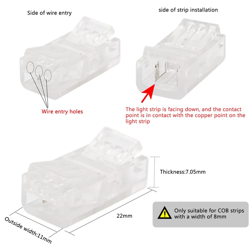 PAUTIX 8pcs 2-Pin 8mm COB LED Strip to Wire Connector
