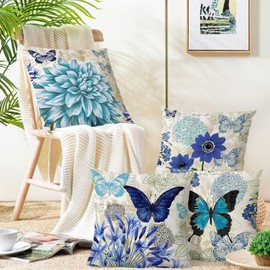 Spring Summer Butterfly Pillow Covers 18X18, Outdoor Garden Blue Floral Cushion Covers, Butterfly Pillow Covers for Sofa, Couch, Patio Home Summer Decoration