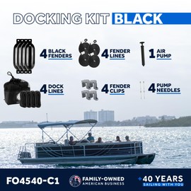 Five Oceans Boat Fenders Complete Set - Includes 4-Pack 6.5 x 23-Inch, Black - Boat Bumpers Clips, Dock Lines 3/8" x 15' - 4 Ropes Lines 3/8-Inch x 5-Ft - Inflator Pump and 4 Needles - FO4540-C1