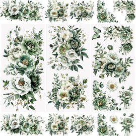 WANDIC 3 x Green Floral Transfer Stickers Waterproof Furniture Craft Embellishments for DIY Scrapbooking Photo Albums 15x30cm