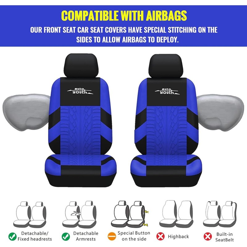AUTOYOUTH Blue Car Seat Covers Full Set, 3D Tyre Embossed