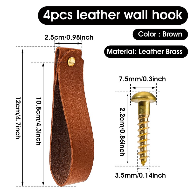 Abeillo 4 Pcs Leather Wall Hooks, Medium Leather Straps Hanger