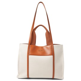 Anne Klein Womens Medium Color Blocked Canvas Tote, Tan- Cream/Saddle