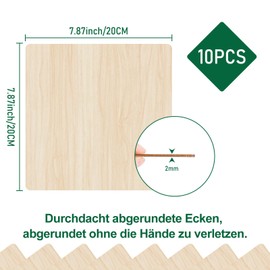 Pack of 10 Wooden Plywood Panels, 200 x 200 x 2 mm, Basswood Panels, Craft Wood Panels for Crafts, Ideal for Laser Projects, DIY Models, Arts and Crafts, Paintings