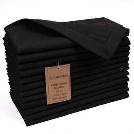 DineNest Hemstitch Cloth Dinner Napkins 100% Cotton Set of 12 - for Dining Special Occasions Weddings Parties Holidays Easter - Soft Durable Reusable - 18x18 Inch Table Cloth Napkins Black