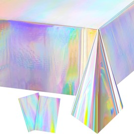 GRESATEK 2PCS Iridescent Party Tablecloth,Rainbow Laser Table Cover Plastic Holographic Foil Table Cloth for Outdoor Picnic Birthday Baby Shower Wedding Party Decorations 137 x 274cm
