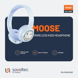 Porodo Soundtec Moose Wireless Kids Headphone, Child-Friendly Controls, 85dB Safe Sound, 400mAh Battery,20H Playtime, Type-C Charging Port, V5.3 Bluetooth,10m Transmission Distance-Blue