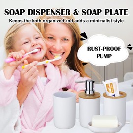 iMucci Bathroom Accessories Set with Trash Can,Toilet Brush,Toothbrush Holder, Lotion Soap Dispenser, Soap Dish,Toothbrush Cup,Qtip Holder(8Pcs White Wood Cover)