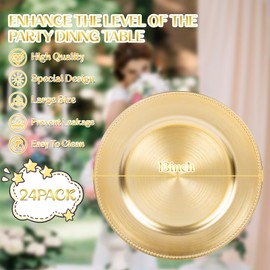LIYH 24 Pcs Plastic Round Charger Plates 13'' Gold Charger Plates Chargers for Dinner Plate Great for Table Setting Wedding Party Decoration