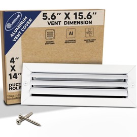 4" x 14" Duct Hole [5.6" x 15.6" Face] Aluminum 1-Way Vent Cover: Adjustable Curved Blade Air Supply Diffuser - Plastic Seal for Tight Fit, Quiet Air Flow, Multi-Shutter Damper