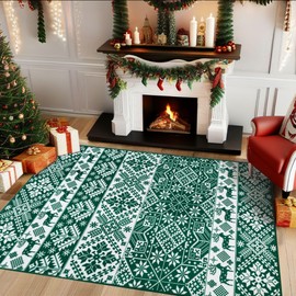 HUGEAR Christmas Vintage Area Rug 3x5 Entrance Rug Machine Washable Hallway Rugs Low Pile Carpet Indoor Door Mat Green/White Non-Slip Retro Carpet for Bedroom Kitchen Entryway Bathroom Living Room
