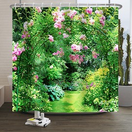 Xiaoterna Spring Shower Curtain Spring Fairy tale Enchanted Forest Green Bathroom Curtain Colorful Summer Pink Flower Garden Shower Curtain Machine Washable Waterproof Fabric 240x180cm