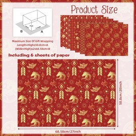 Chinese New Year Wrapping Paper, 6 Unique Designs Horse Theme - 6 Large Sheets (27x20 inch), Premium Red & Gold Paper for 2026 Year of the Horse, Lunar New Year Gifts