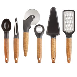 Glad Kitchen Gadget Set with Acacia Wood Handles, 6 Pieces | Black with Stainless Steel Blades | Utensil Tools for Cooking and Serving | Home Essentials