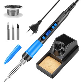 BOSYTRO Kit Saldatore, Saldatore 90w Alta Efficienza, Regolaz. Temp. Lcd 180-500℃. Dotato Di 3 Punte, Filo Di Stagno, Supporto, Copertura Protettiva & Modalità Sospensione Auto (Blu)
