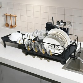 ifory Large Dish Drying Rack, Dish Drying Rack for Kitchen Counter, Extendable Dishes Drying Rack with Drainboard and Cutlery Holder, Anti Rust Dish Rack with Mug Holder, Black