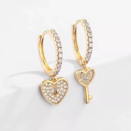 ZARD Huggie Hoop Earrings with Heart Lock Key Mismatch Charms in CZ Pavé