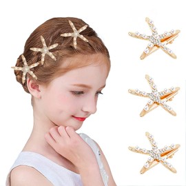 3PCS Starfish Hair Clips, Rhinestones Pearl Hair Barrette, No Slip Hair Accessories for Girls, Bridal Hair Decoration