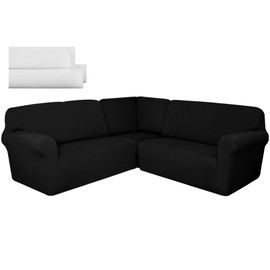 Breling 3 Pcs L Shaped Couch Covers for Sectional Sofa Corner Sofa Covers Stretch 5 Seat Washable Corner Sofa Slipcover Corner Sectional Couch Protector for Living Room (Black, Milk Silk)