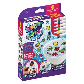 Water Art Galaxy Explorers 6 Pen Pack – DIY Magical Kit with 6 Water Markers, 2 Stencil Sheets & Ceramic Spoon, Shades of blue, black, and white