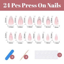 Giyehehi 24-piece set of white French tip press-on nails, medium almond-shaped false nails with silver rhinestones, floral nude pink full-cover stick-on nails in a French style