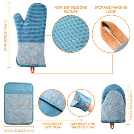 TIPTAP Oven Mitts，4pcs Oven Mitts Set，Non-Slip Cotton Oven Mitt and Pot Holders – Heat Resistant, Durable，Machine Washable，1 Long Mit, 2 Mini Oven Mitts and 1 Pot Holder (Blue)