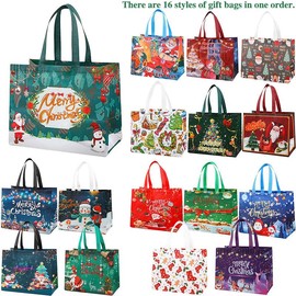 16PCS or 32PCS Christmas Gift Bags (with assorted patterns): Reusable non-woven material, equipped with handles, ideal for New Year and Christmas decorations, and perfect for holiday gifting. compact eco-friendly kids advent:_16PCS