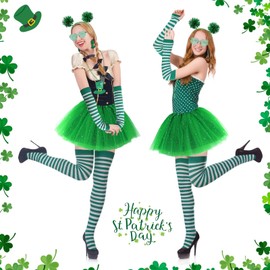 CHUANGLI Tutu for Women Costume Accessories Set Pom Pom Headband Layered Tulle Tutu Skirt Heart Shape Sunglasses Necklaces (Green, Large)