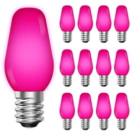 LUXRITE 12-Pack C7 LED Pink Replacement Light Bulbs for String Lights, 0.5W, Shatterproof Colored Candelabra Bulb, Enclosed Fixture Rated, UL, E12 Base, Indoor Outdoor, Christmas, Holiday, Party
