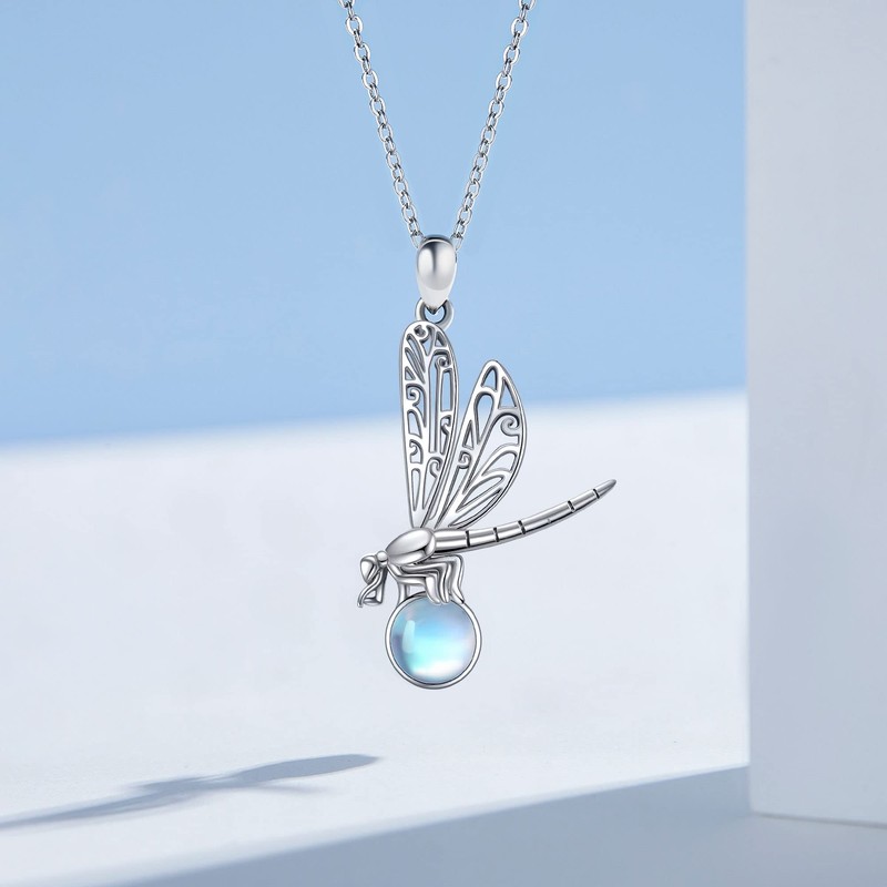 VENACOLY Dragonfly Necklace 925 Sterling Silver Moonstone / Moss Agate
