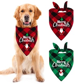 Christmas Dog Bandanas, LMSHOWOWO 2 Pack Cotton Double Layer Double Sided Merry Christmas Santa Snowman Print Pet Bandana, Triangle Christmas Plaid Dog Scarf for Large and Extra Large Dogs (X-Large)