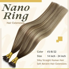 Sunny Nano Ring Human Hair Extensions 20Inch Dark Brown Fading To Light Brown Mix Golden Blonde Nano Ring Hair Extensions Real Human Hair Silky Straight Hair Nano Rings Extensions 50Strands 50G/Pack