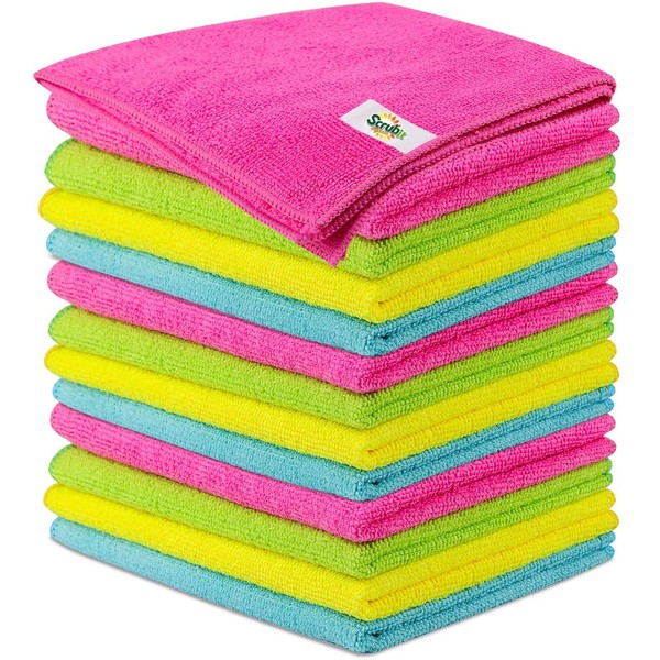 SCRUBIT Microfiber Cleaning Cloth Lint Free Anti-Bacterial Towels for House, Kitchen, Cars, Windows -Ultra Absorbent and Super Soft Wash Cloths – 12 Pack (12 x 12 Inches)