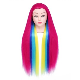 Yamel Mannequin Head Training Heads with Clamp Holder, Hairdresser Training Heads 20 Inch Long Magenta with Blue Light Blue Yellow Hair Practice Doll Head for Kids Hair Styling