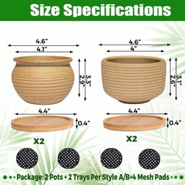Rustic 4 inch Bonsai Plant Pot with Bamboo Tray Set of 4, Unglazed Ceramic Succulent Cactus Pot Indoor Outerdoor with Drainage Hole